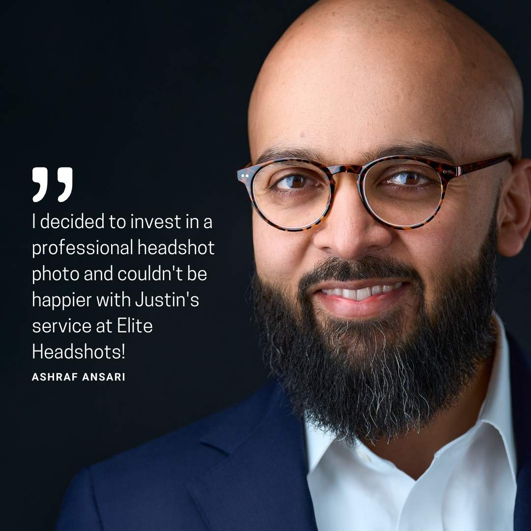 testimonial snippet with a middle-easter middle-aged male wearing glasses and a blue suit with a white shirt on a dark background