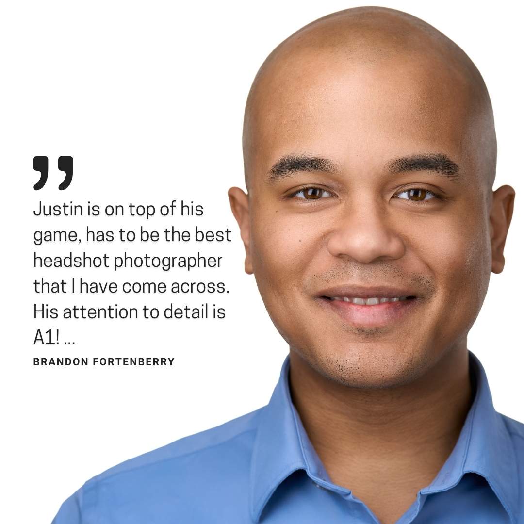 testimonial snippet with a young African American male wearing a powder blue shirt on a white background