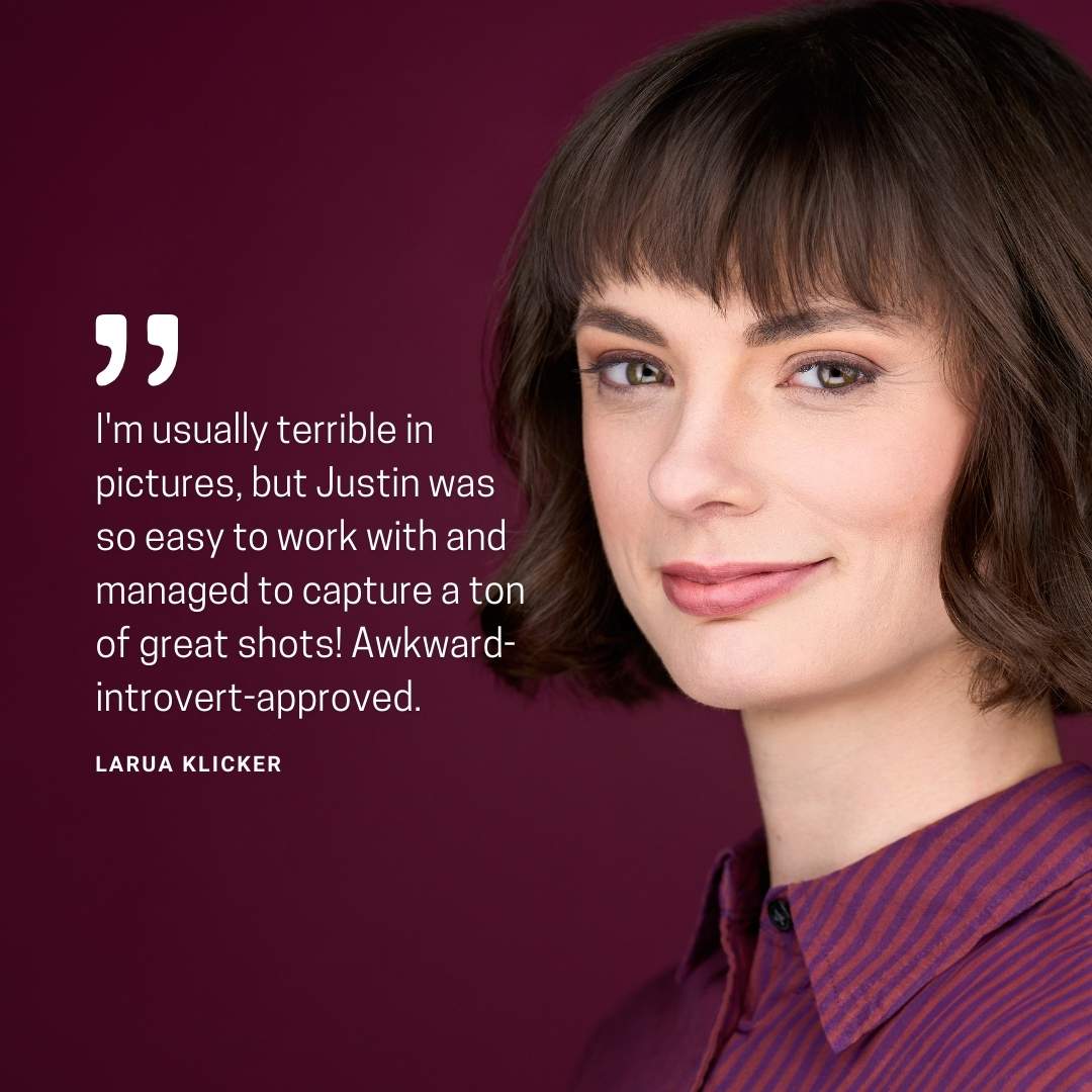 testimonial snipped with young woman with short brown hair on maroon background