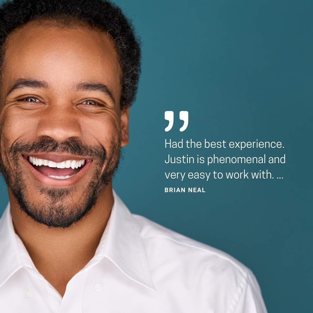 testimonial snipped of middle-aged african american male with big smile on blue background