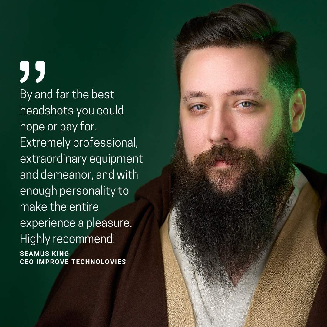 testimonial snippet of middle-aged male wearing jedi outfit on green background