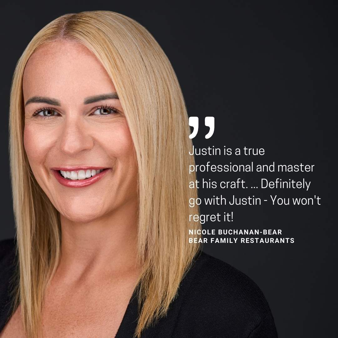 testimonial snippet with a middle-aged female with sleek blonde hair on a dark background smiling