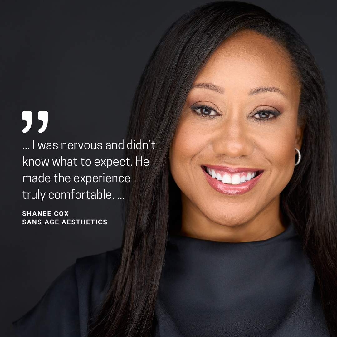 testimonial snippet with middle-aged African American woman with bright smile on a dark background