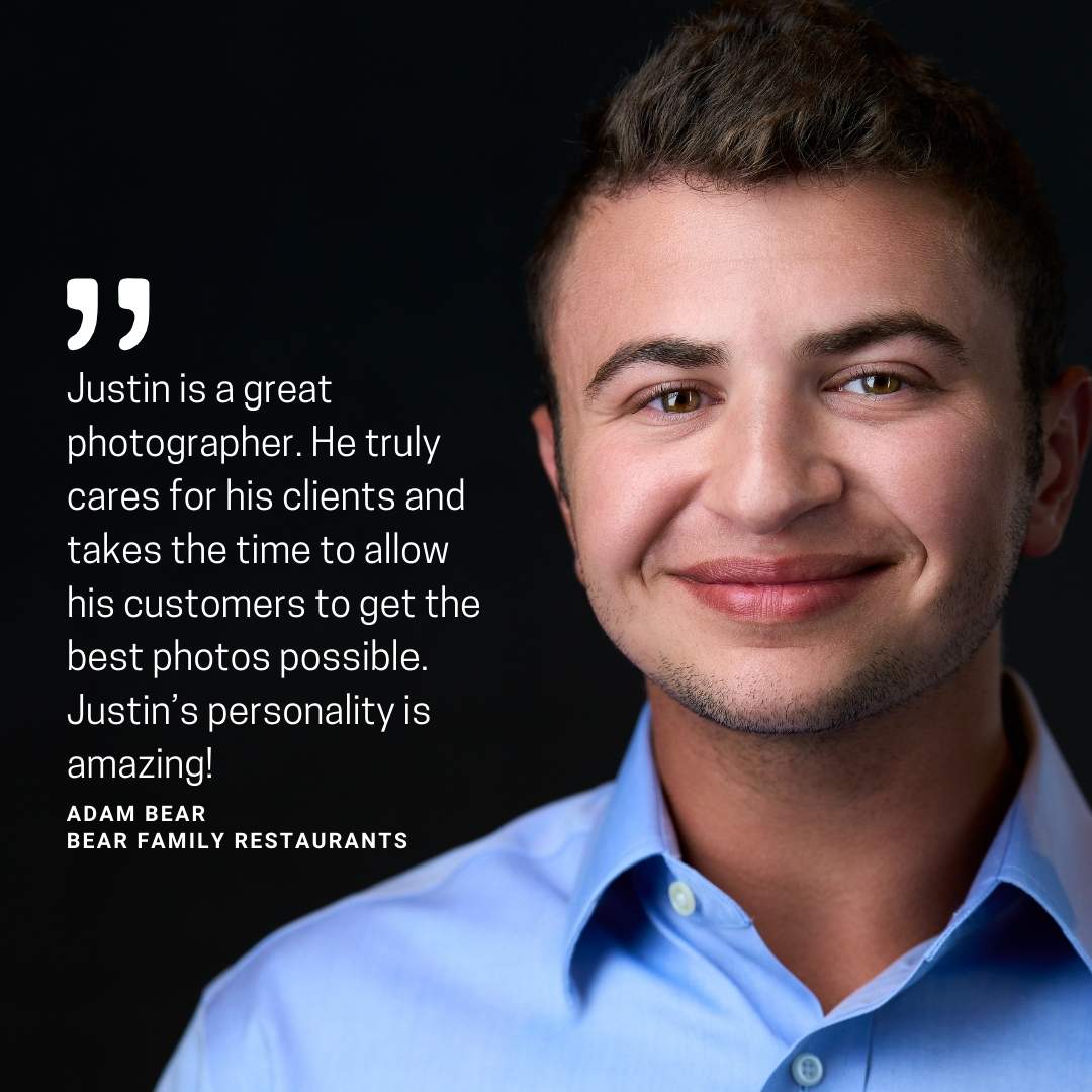 testimonial snippet of a young male with a blue shirt on a dark background